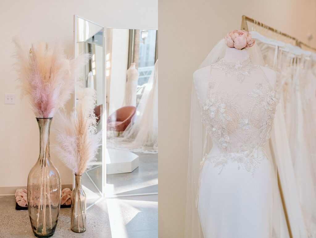 Close-up of lace wedding gown at Embody Bridal