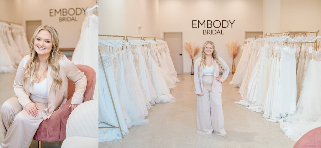 Portrait of Erynn smiling inside her bridal boutique