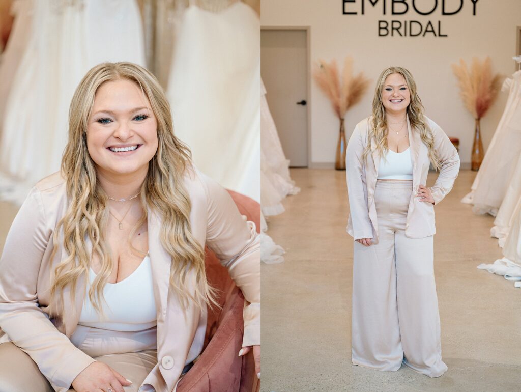 Natural-light headshot of Erynn standing in front of wedding gowns