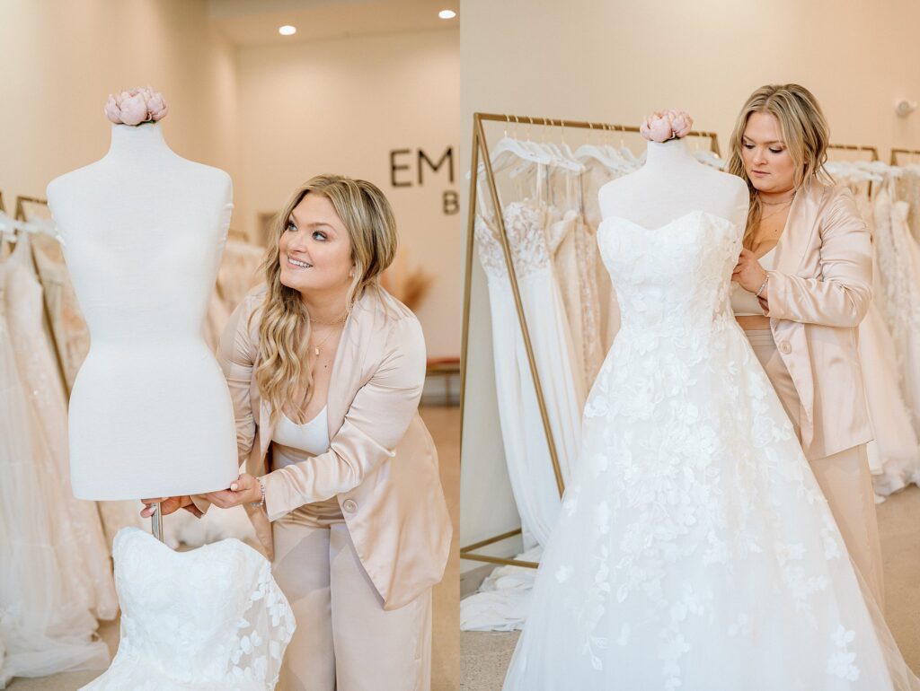 Erynn putting a wedding gown on a mannequin at Embody Bridal