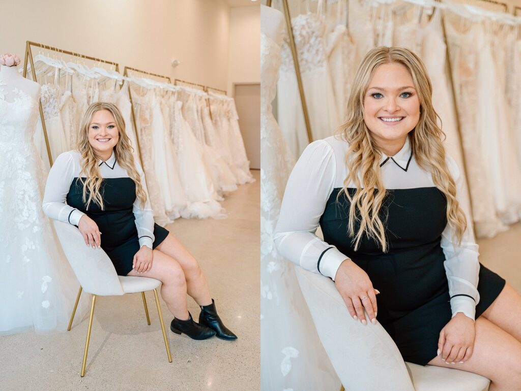 Owner of Embody Bridal headshot on chair in front of wedding dress rack