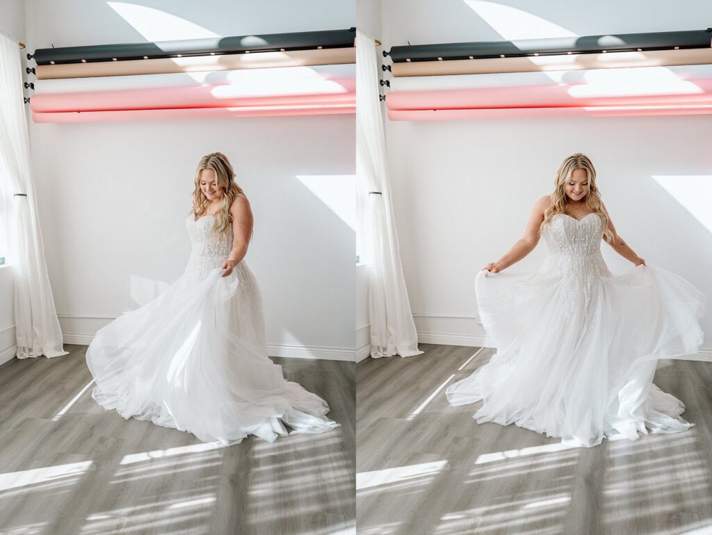 Studio branding shot of Erynn twirling in a bridal dress