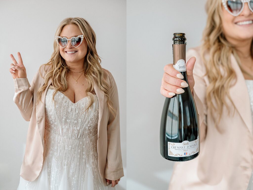 Erynn in dress, blazer, and pearl heart sunglasses