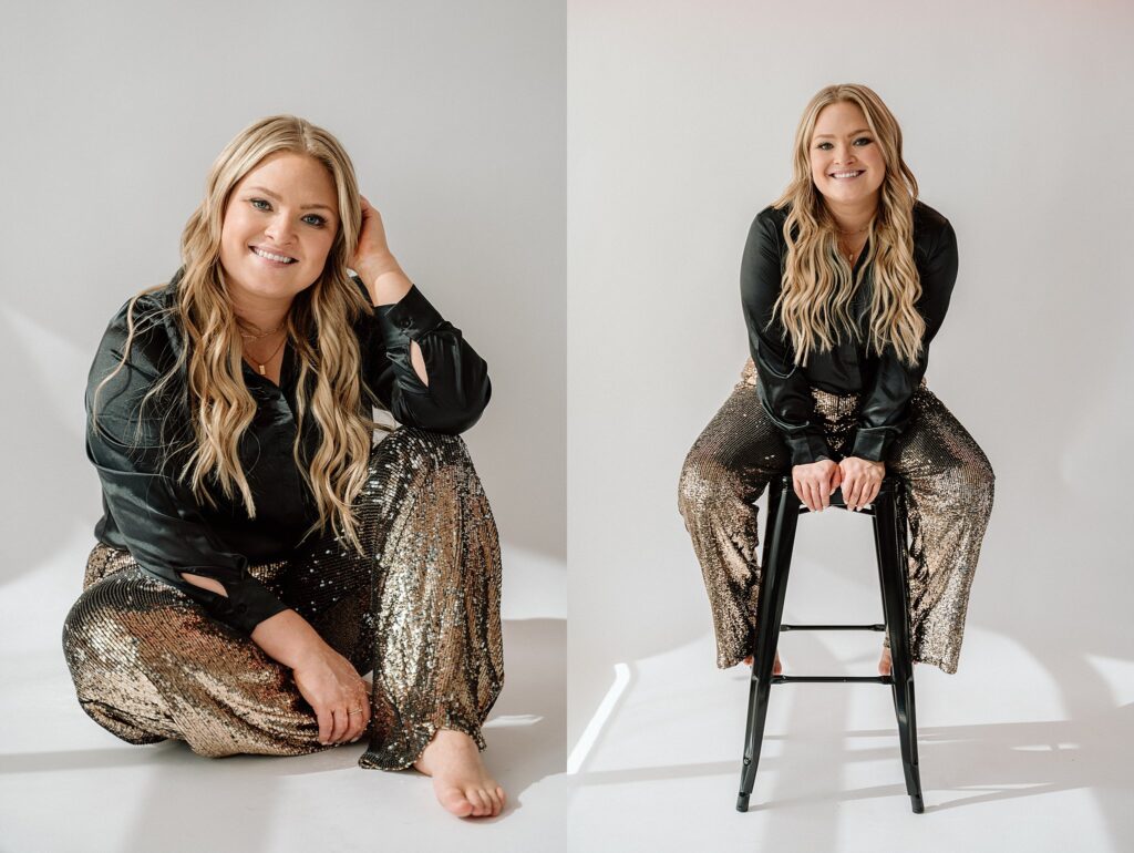 Erynn posing in sparkly outfit in Iowa photography studio