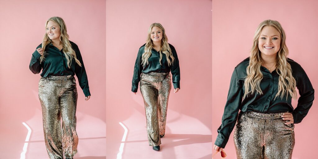 Erynn posing in sparkly outfit in Iowa photography studio