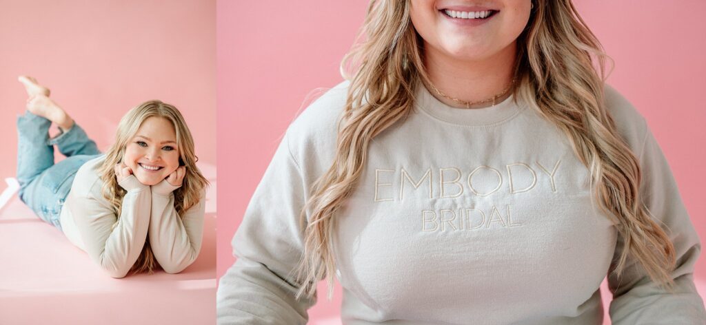 Erynn in a branded crewneck sweater