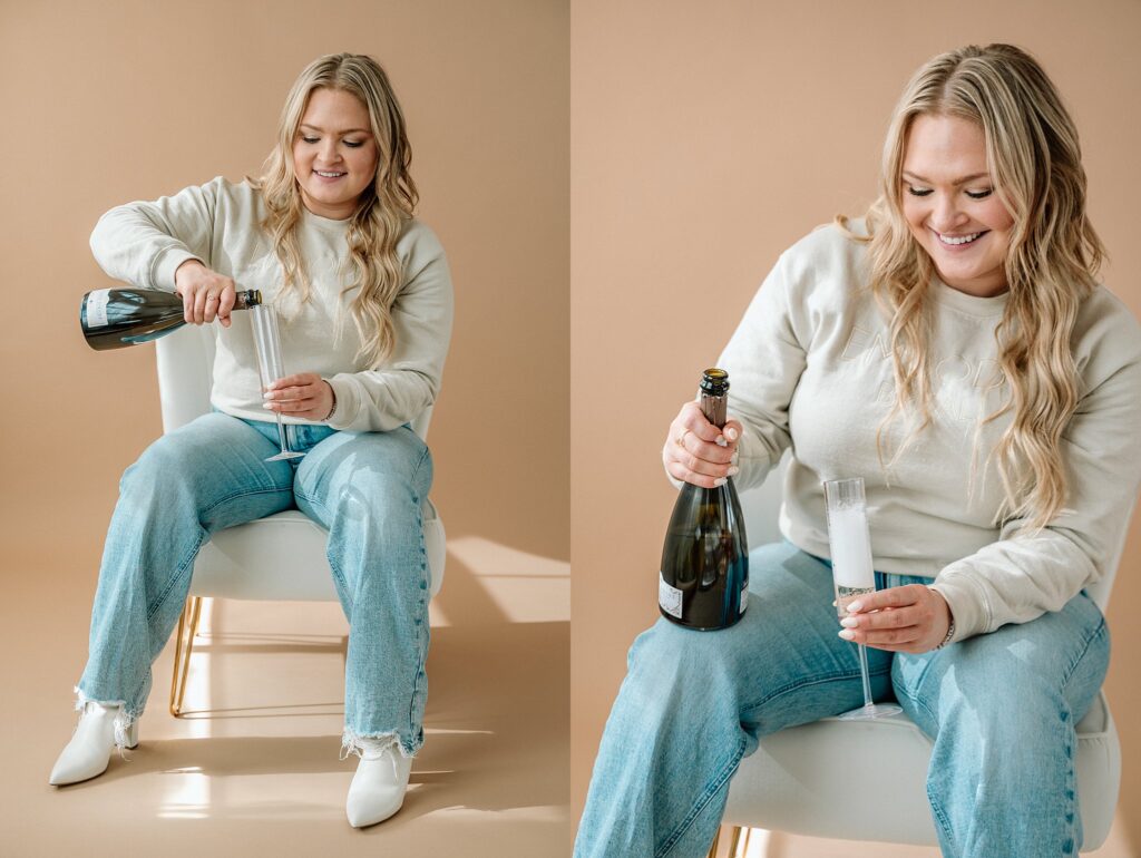 Erynn sitting and pouring champagne