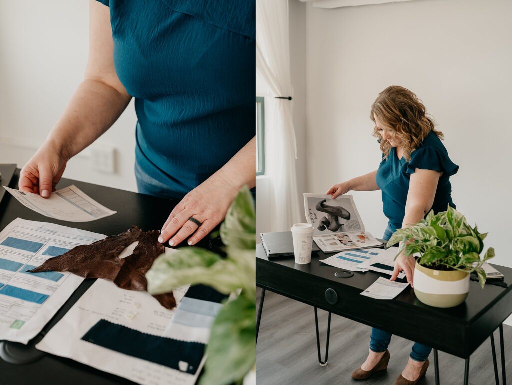 Val planning fair-trade clothing pieces at desk in studio
