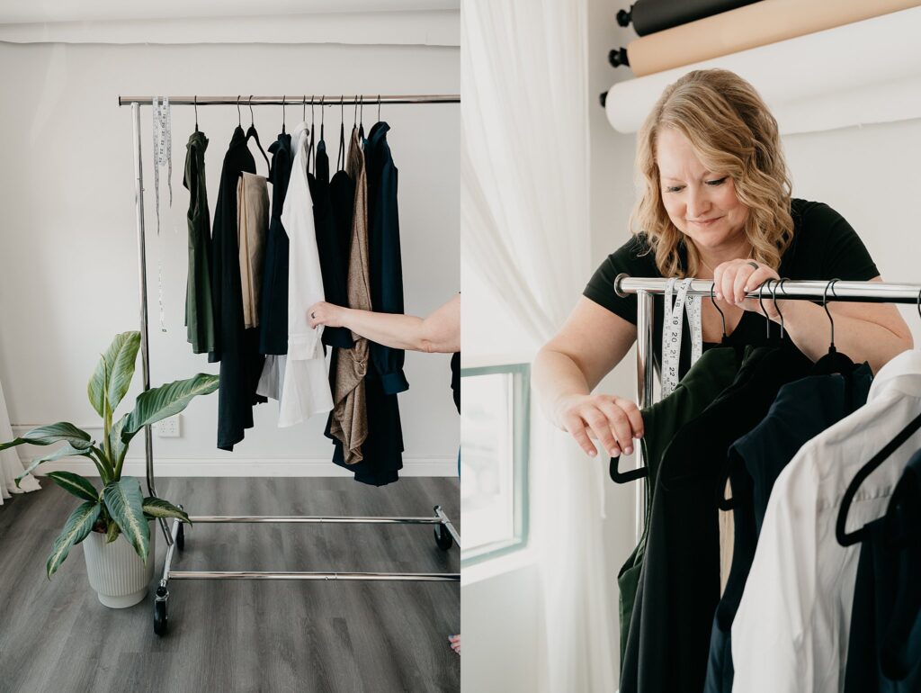 Neutral-toned outfits on clothing rack for a sustainable fashion look