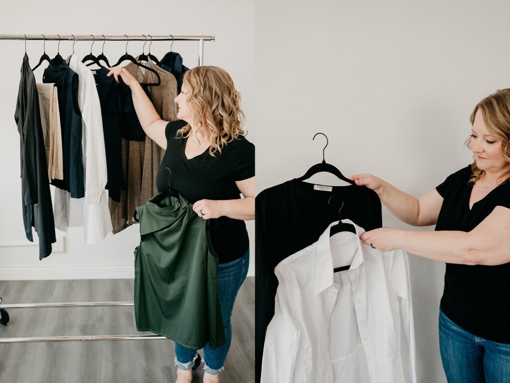 Portrait of Val standing beside a neutral-toned clothing rack