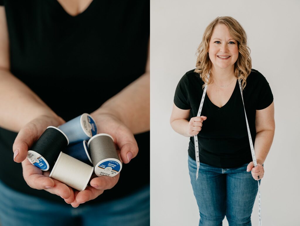 Val headshots in black shirt with brand props