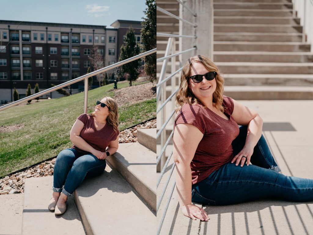 Sustainable fashion branding shot of Val with stairs in background