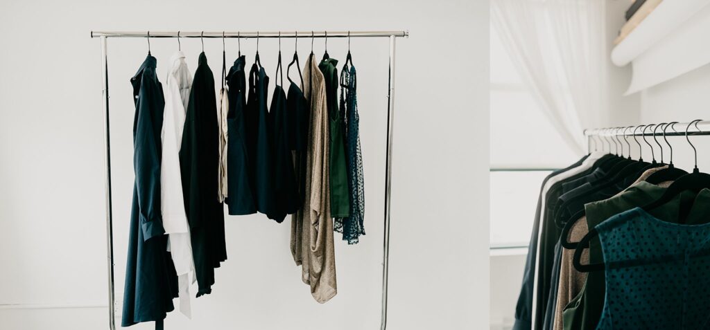 Sustainable fashion on rack with eco-friendly wardrobe pieces and accessories