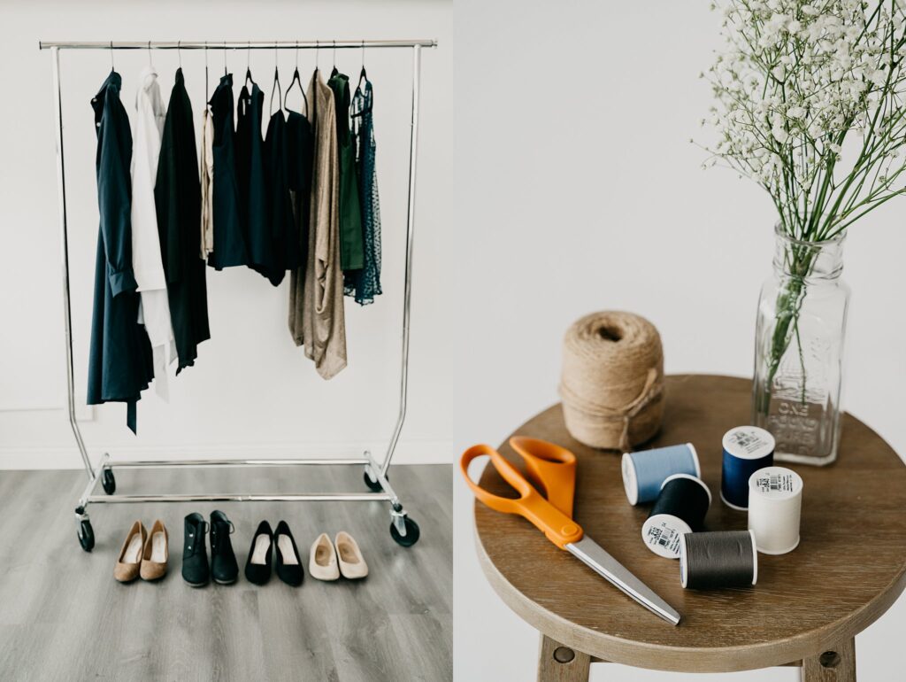 Free to Breathe brand shoot with props of clothes and sewing items