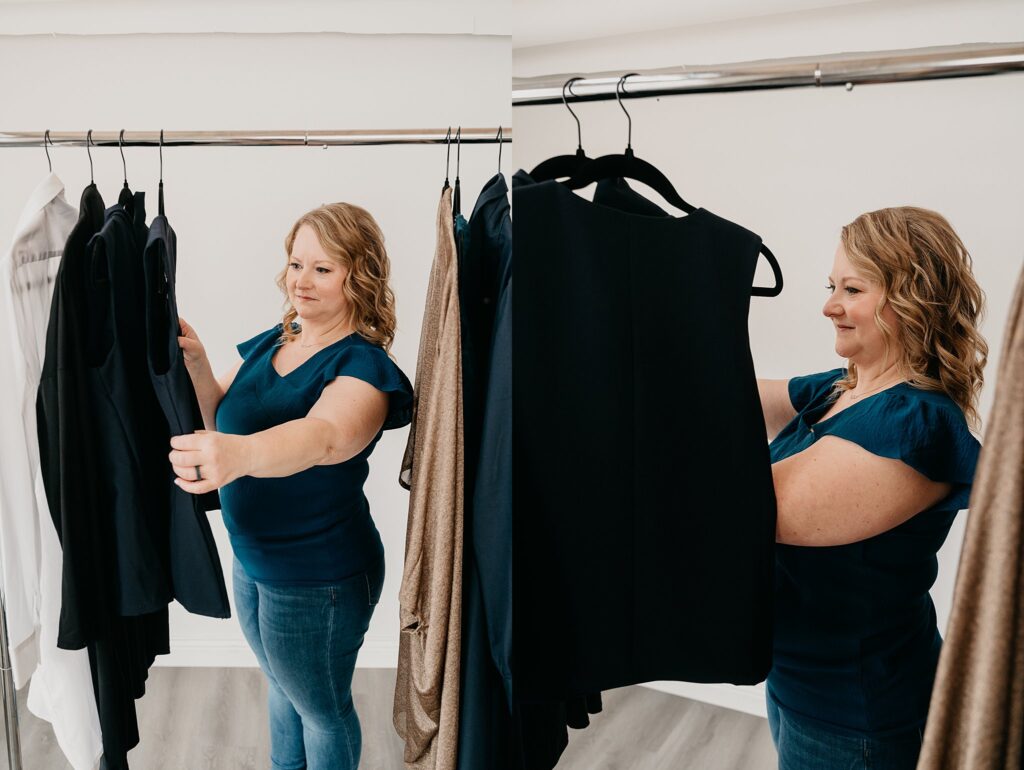 Val styling a minimalist capsule outfit in Iowa studio