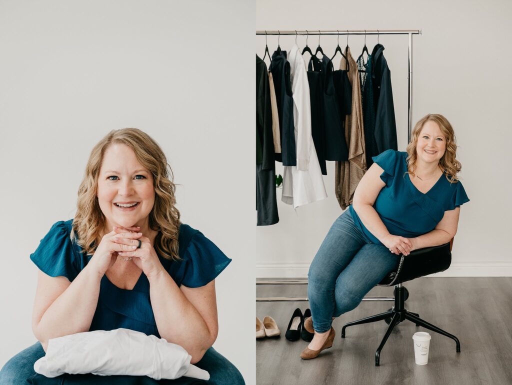 Val styling a minimalist capsule outfit in Iowa studio