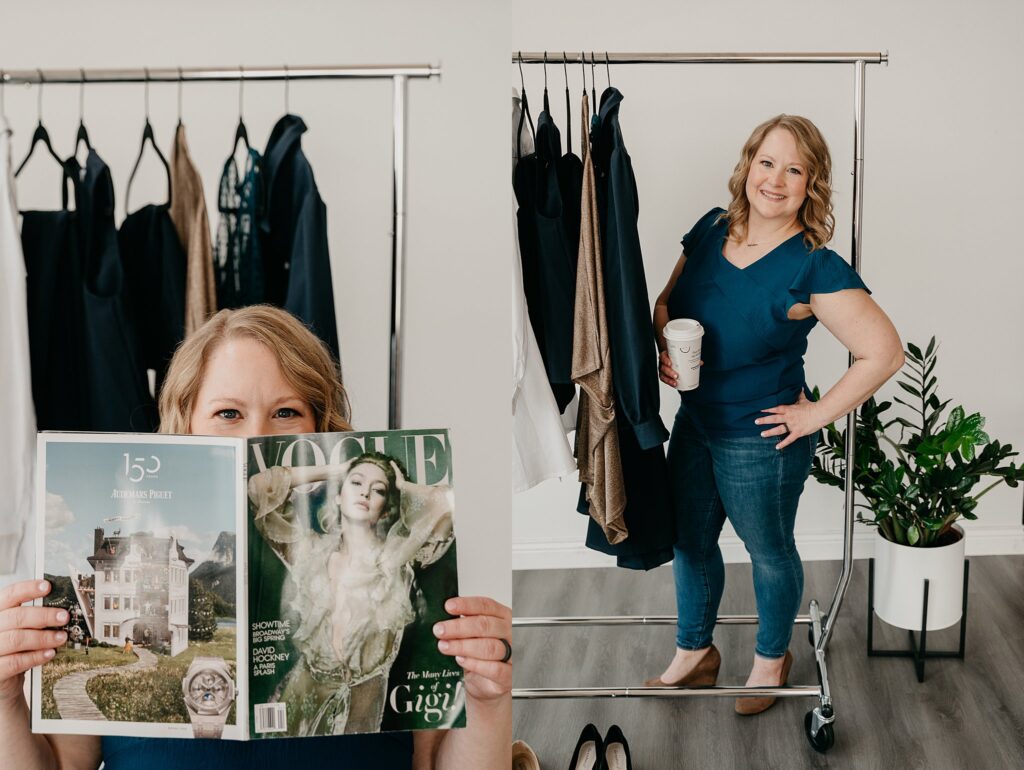 Val styling a minimalist capsule outfit in Iowa studio