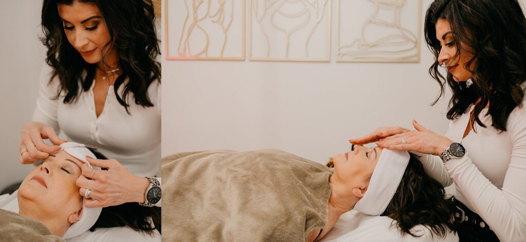 Behind-the-scenes shot of Amanda with a client mid-service