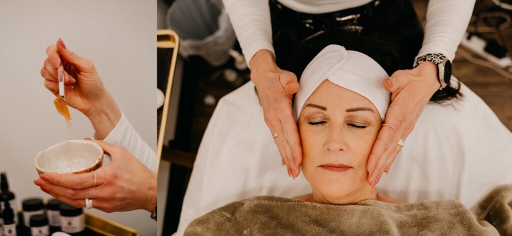 Amanda performing a facial in her treatment room with skincare tools in hand
