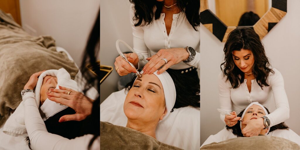 Amanda performing a facial in her treatment room with skincare tools in hand