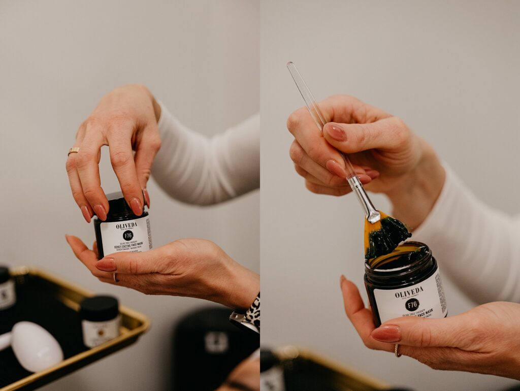 Oliveda natural skincare products in Amanda's hand