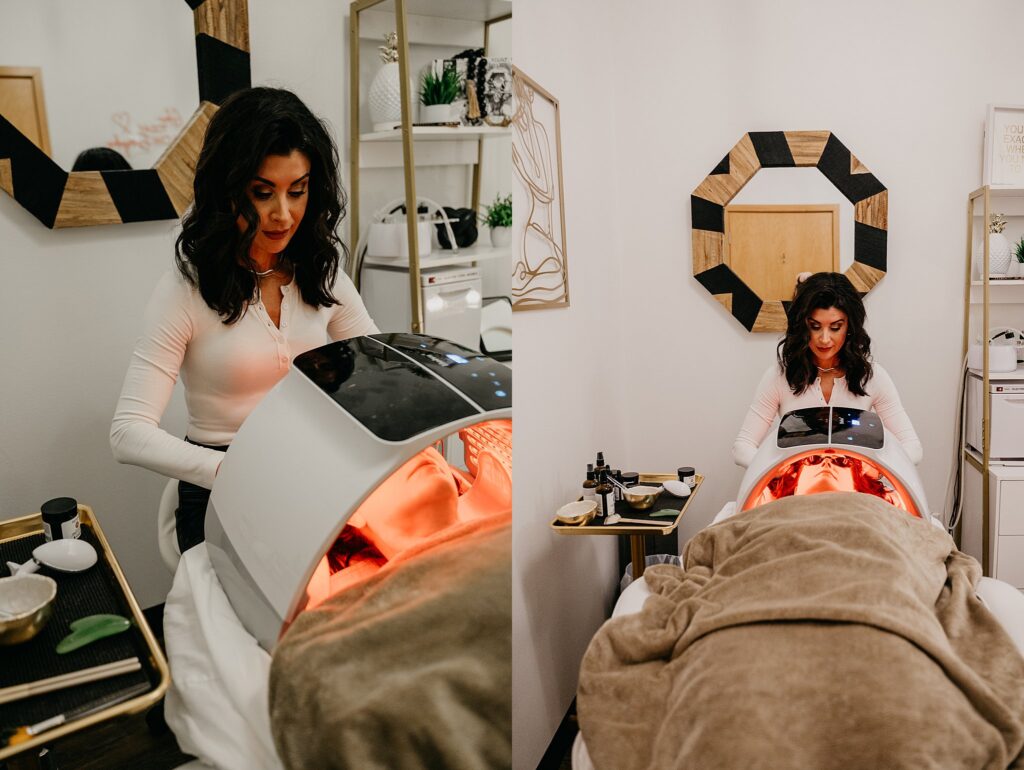 Behind-the-scenes shot of Amanda with a client mid-service