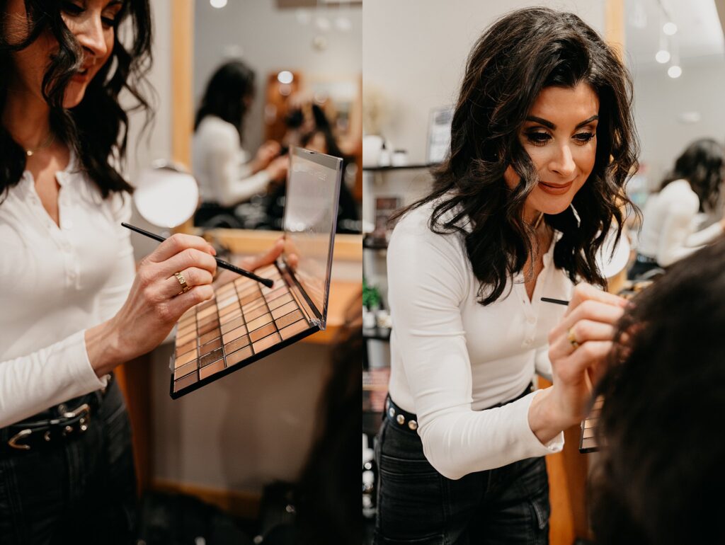 Esthetician Amanda applying makeup on a client in Iowa studio