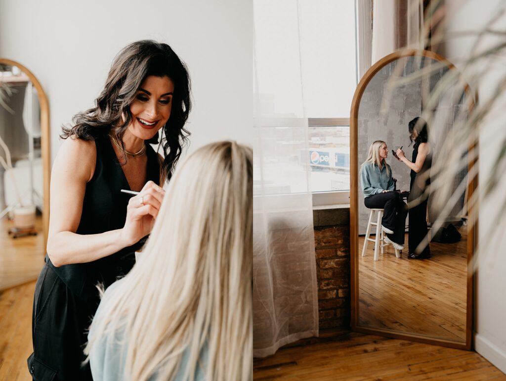 Esthetician Amanda Miller applying makeup on a client in a bright, modern studio