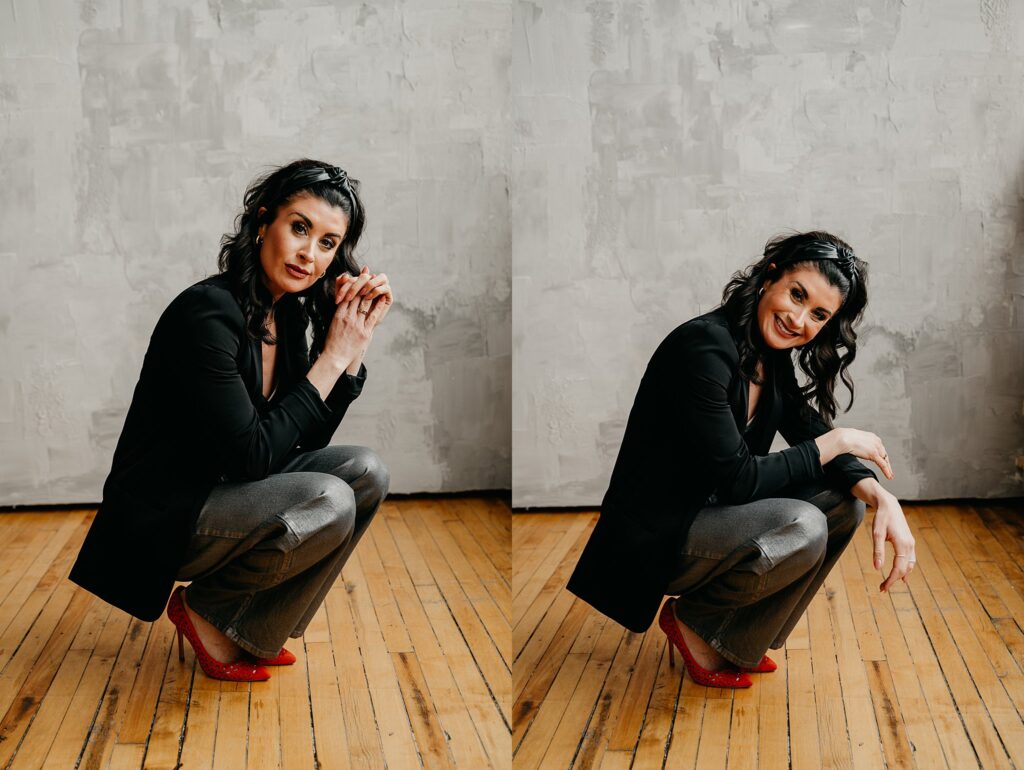 Confident brand portrait of esthetician Amanda with red heels