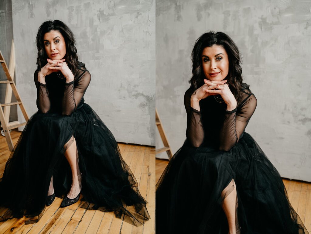 Editorial-style branding shoot in black flowy dress