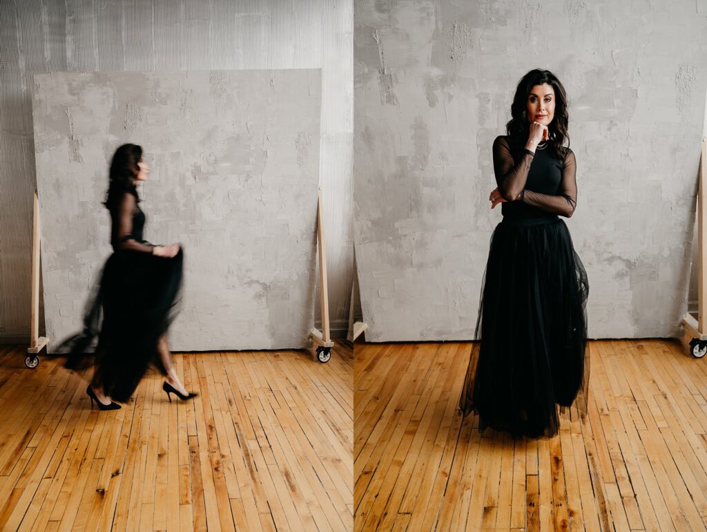 Editorial-style branding shoot in black flowy dress