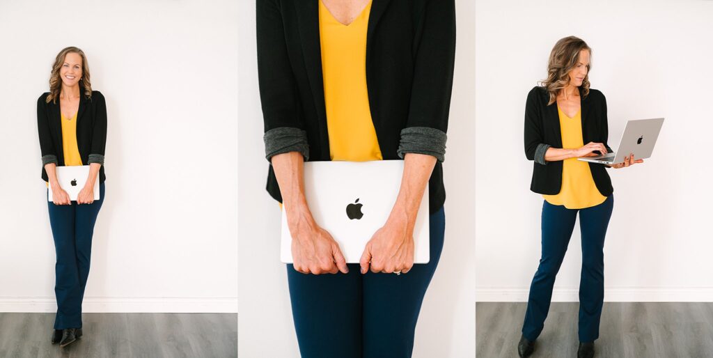 Headshots of photographer and coach Lydia Fine, with black coat and laptop