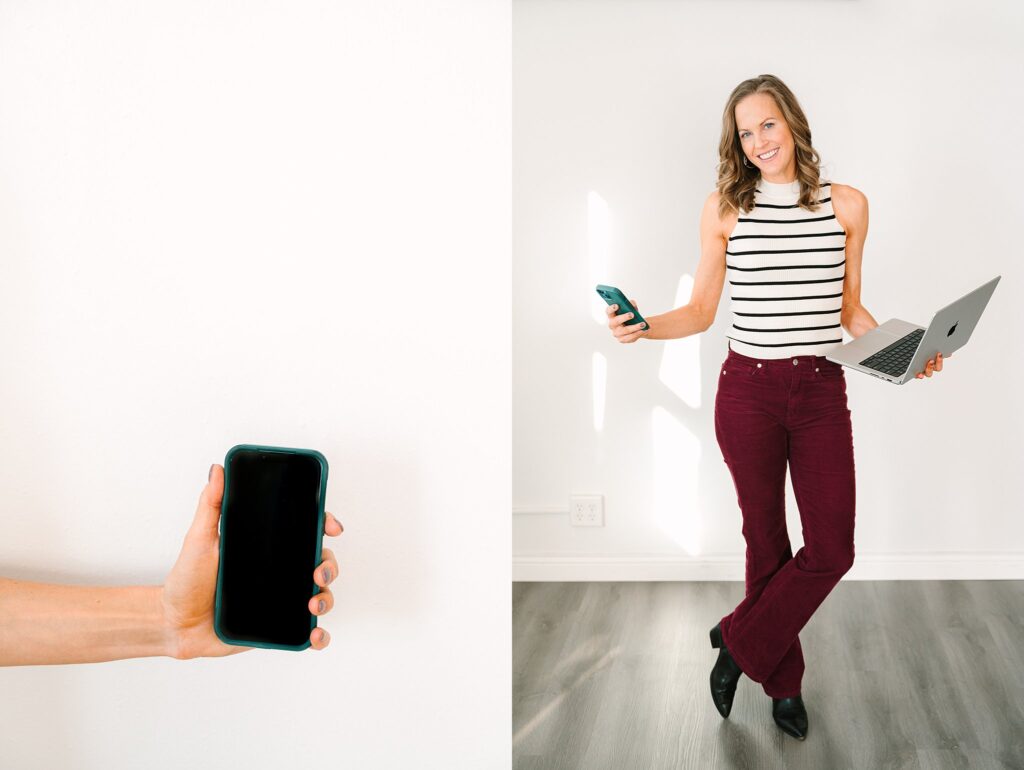 Photographer coach using phone – brand photos for business owner