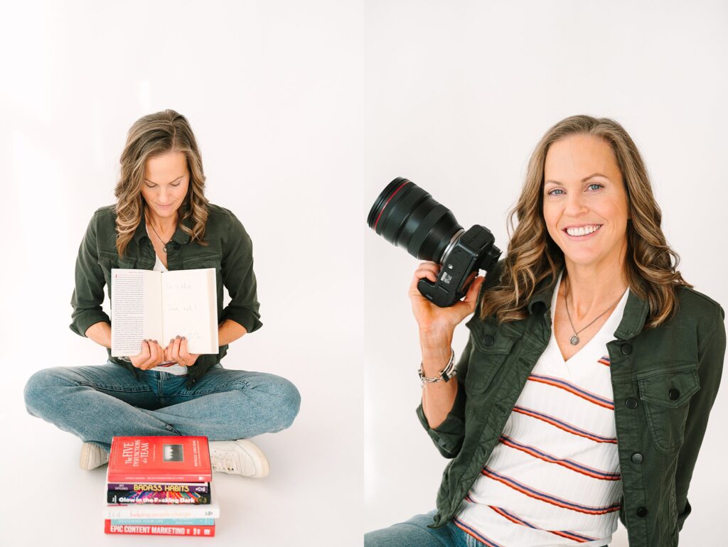 Lydia with stack of business books for coaching brand photos
