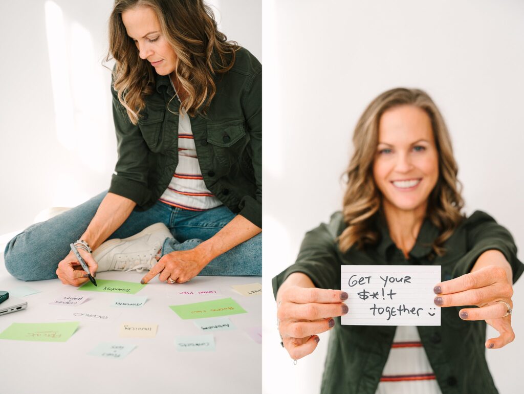 Lydia writing on notecards for business coaching brand session