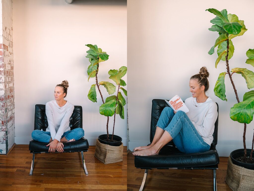 Lydia sitting in black chair - branding session candid shots