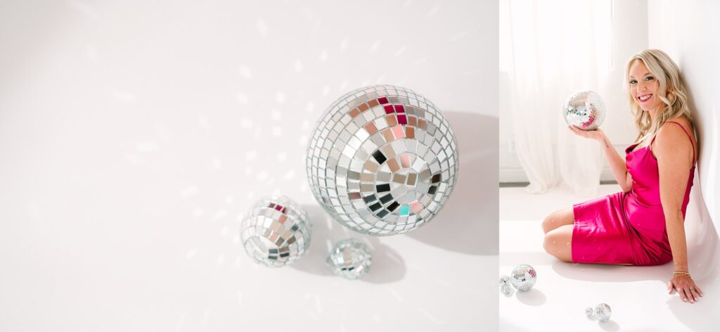 Brand photo with disco ball in photography studio for fun milestone celebration session