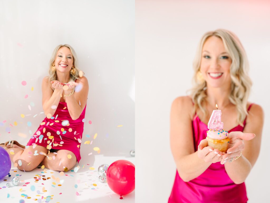Functional practitioner with cupcake and candle celebrating business anniversary in quarterly brand photos