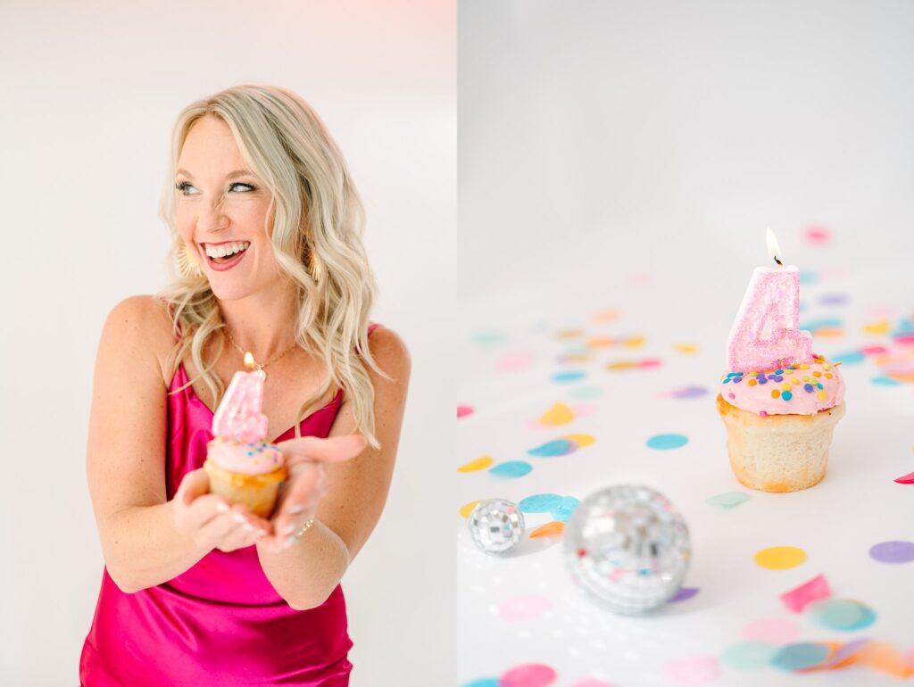 Iowa quarterly brand photos for practitioner celebrating 4 years in business with cupcake and candle