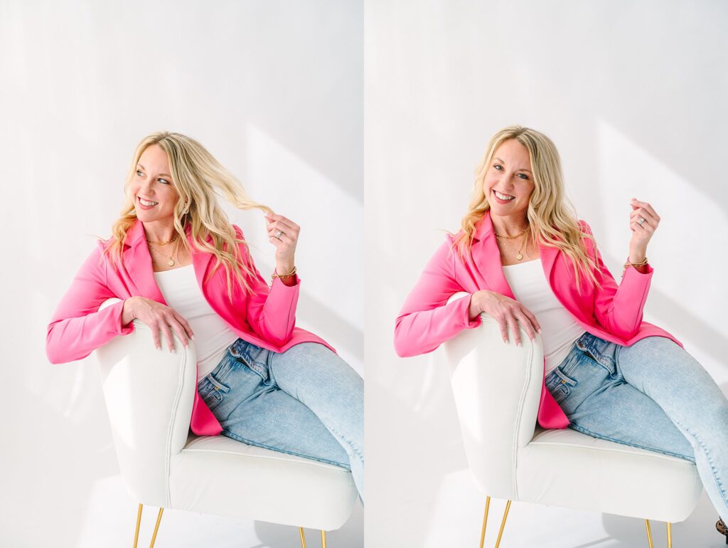 Wellness coach in pink blazer and white chair – quarterly brand session