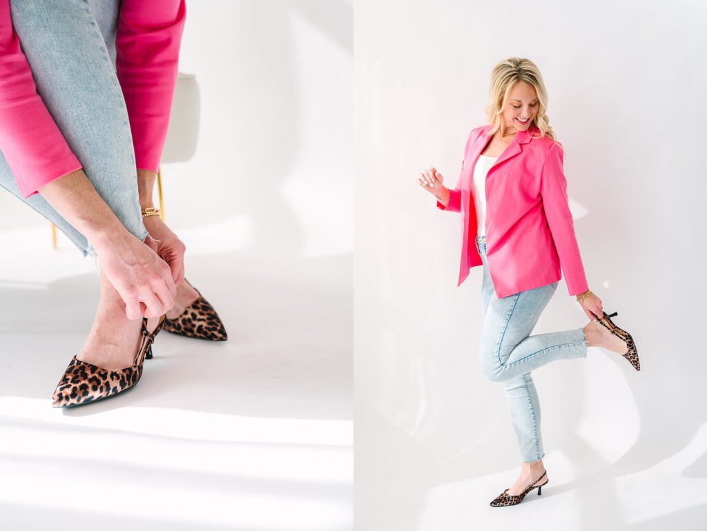 Health coach in cheetah shoes and pink blazer for quarterly studio session