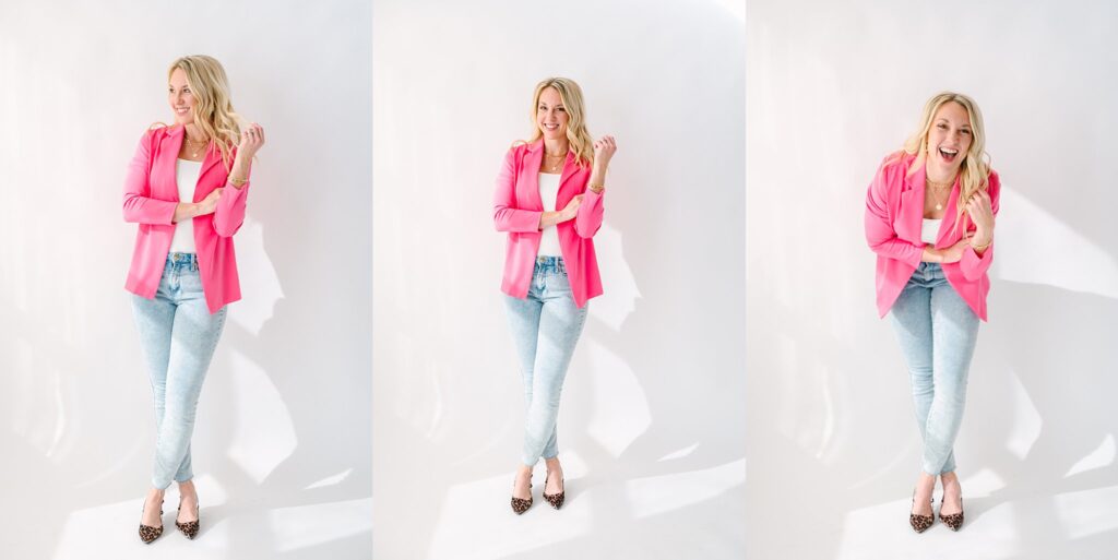 Wellness coach in pink blazer and Iowa photography studio for quarterly brand session