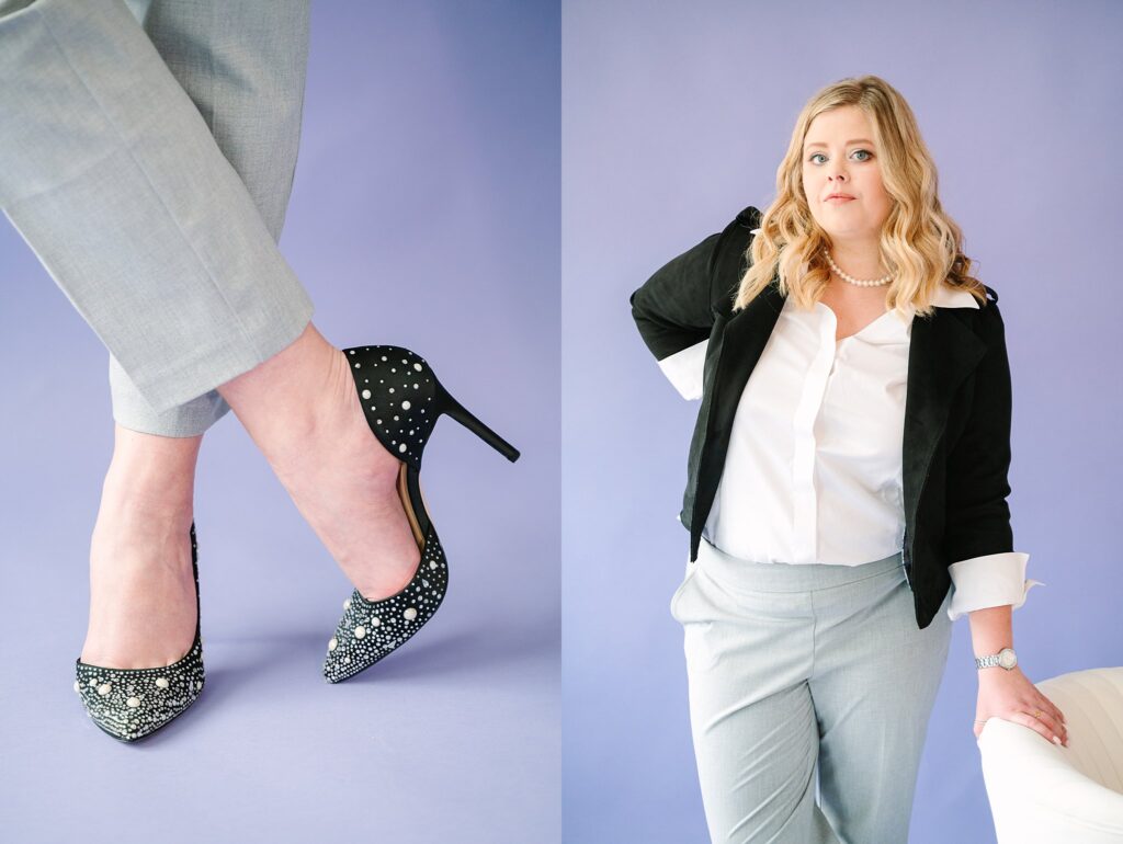 Lex of Lunea Wealth in black blazer with studded heels – wealth management brand photography