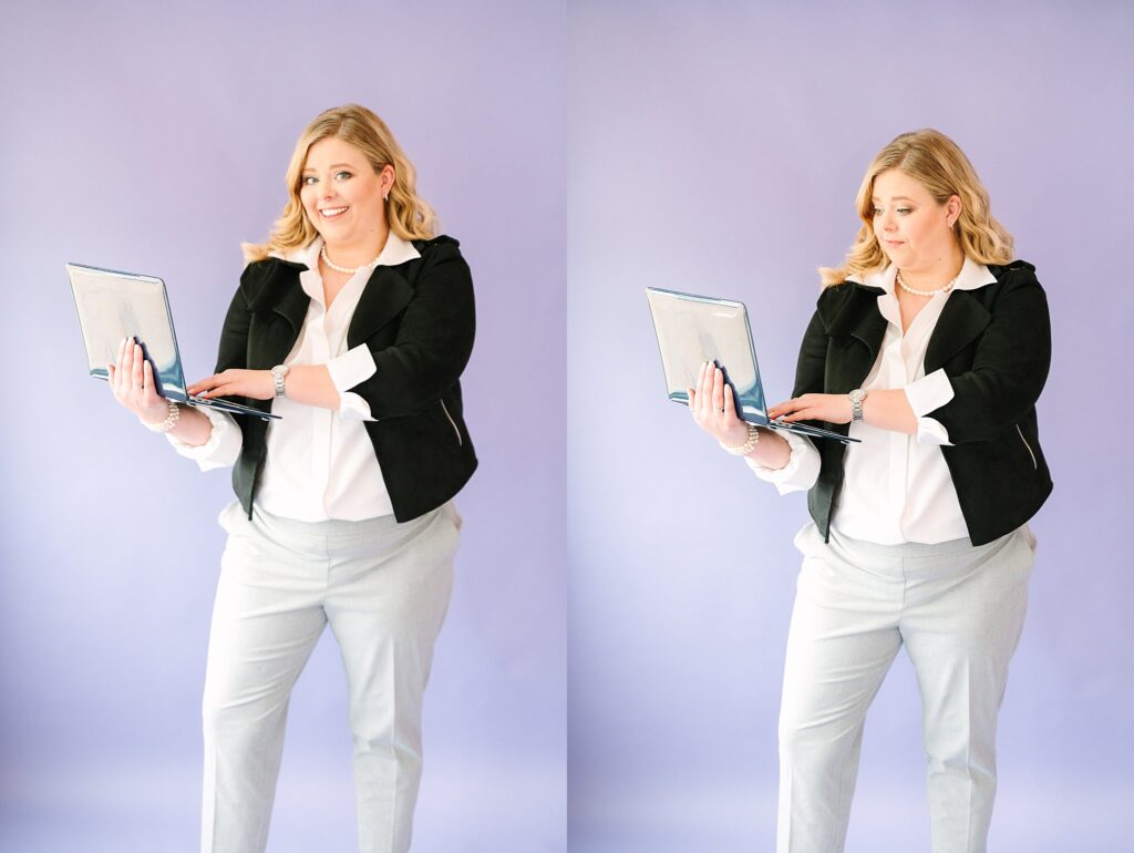 Lex in black blazer, with laptop, in front of purple wall – financial brand photography