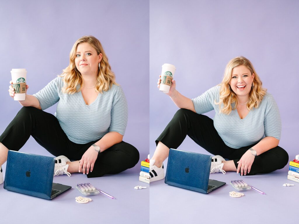Lex sitting in photography studio floor – feminine, strategic wealth brand session