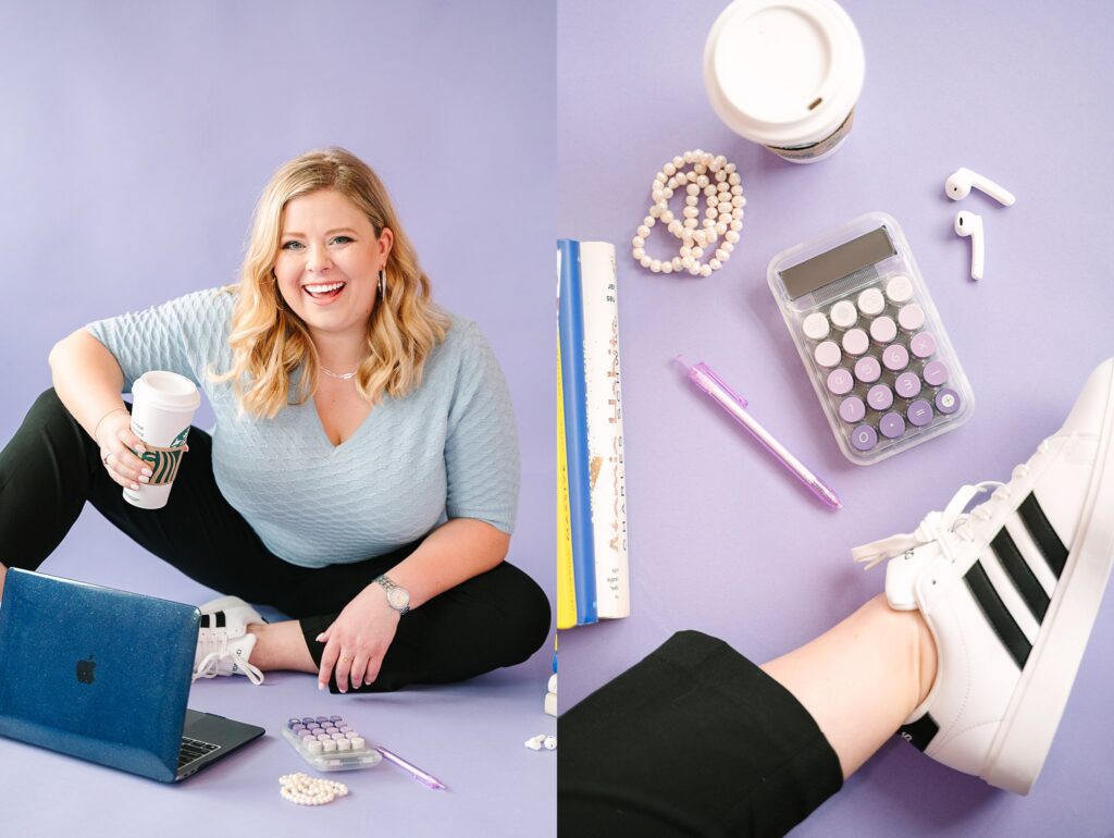 Lex sitting in photography studio floor – feminine, strategic wealth brand session