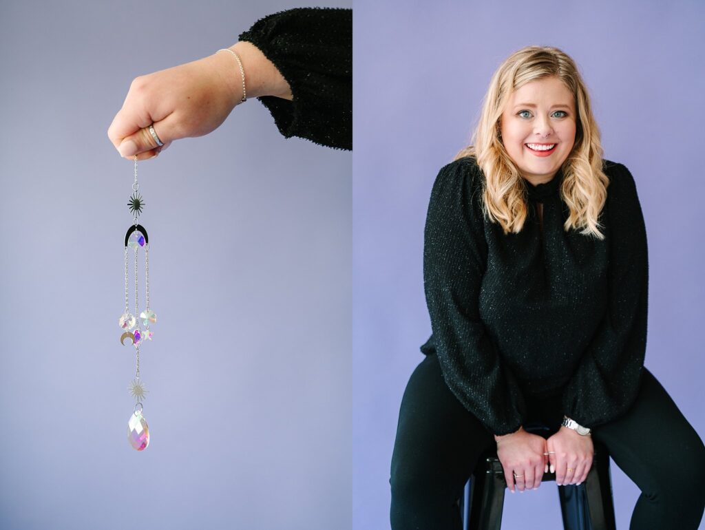 Brand photo with cosmic-inspired accessories – feminine, mystical brand aesthetic